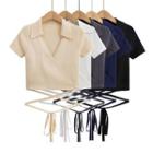 Short-sleeve Collar Tie-waist Knit Top
