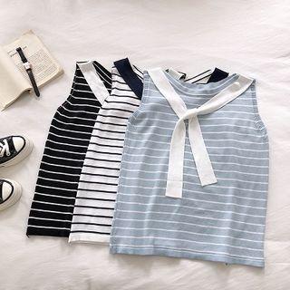Color-block Striped Crewneck Lace-up Tank Top