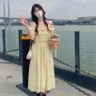 Elbow-sleeve Cold-shoulder Ruffled Midi A-line Dress Light Yellow - One Size