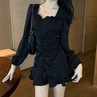 Long-sleeve Square-neck Ruched Mini A-line Dress