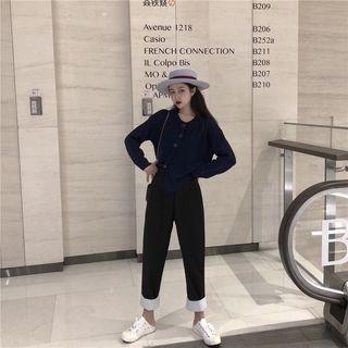 Button-detail Cardigan / Cropped Roll-up Straight Cut Pants