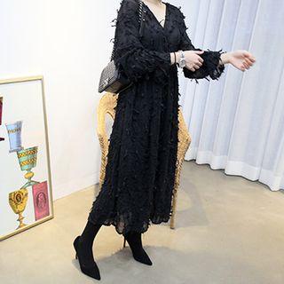 V-neck Textured Sheer Long Dress