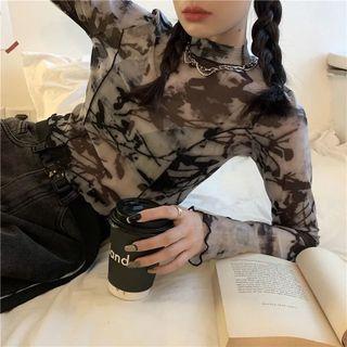 Tie-dye Mesh Long-sleeve Cropped Top