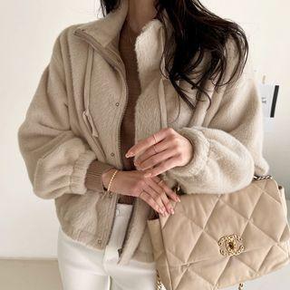 Drawstring Faux-fur Zip-up Jacket