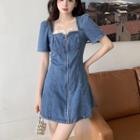 Short-sleeve Zipped Denim Mini A-line Dress
