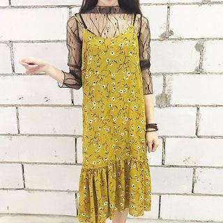 Printed Flounced-hem Spaghetti Strap Dress