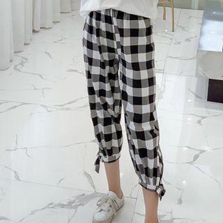 Set: Short-sleeve Comic Print T-shirt + Cropped Gingham Pants