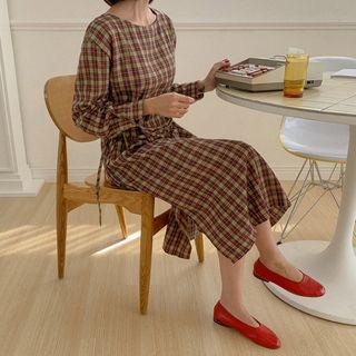 Round-neck Tie-side Midi Plaid Dress