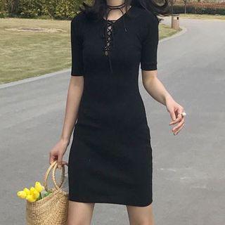 Lace-up Short-sleeve Ribbed Bodycon Dress