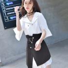 Set: Bell-sleeve Mini Shirtdress + Mini Slit A-line Skirt