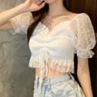 Off-shoulder Drawstring Cropped Lace Blouse White - One Size