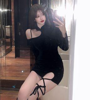 Long-sleeve Irregular Slim-fit Mini Dress Black - One Size