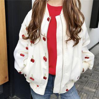 Cherry-print Puff-sleeve Baseball Jacket