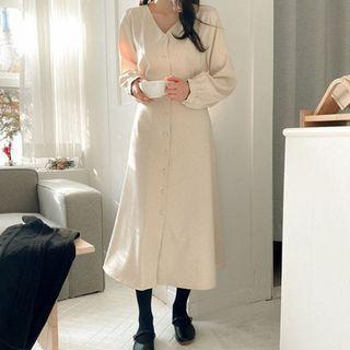 V-neck Buttoned Long Dotted Dress