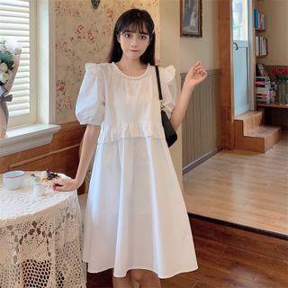 Puff-sleeve Faux Pearl Collar Plain Dress