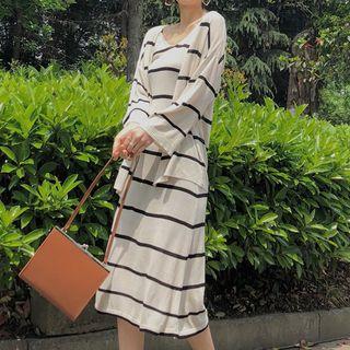 Set: Spaghetti-strap Striped Knit Dress + Cardigan As Shown In Figure - One Size