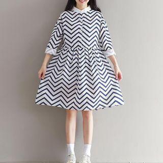 3/4-sleeve Curve-striped Midi A-line Shirt Dress