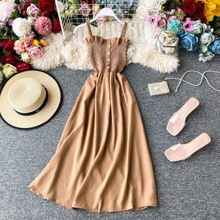 Ruffle-hem Smocked Sleeveless Midi Dress