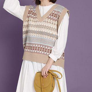 V-neck Pattern Knit Vest Off-white - One Size