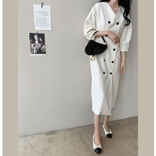 3/4-sleeve Double-breasted Midi Dress