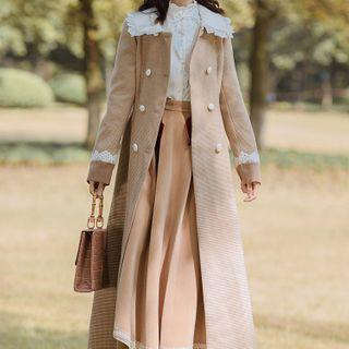 Long Double-breasted Lace Trim Trench Coat