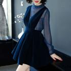 Set: Dotted Sheer Blouse + Sleeveless A-line Velvet Dress
