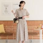 Dotted Flared Midi Shirtdress With Belt