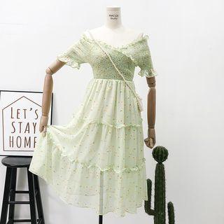 Boatneck Smocked Printed Dress