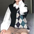 Long-sleeve Plain Shirt / Pattern Knit Vest / Pleated Mini Skirt