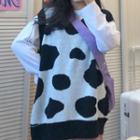 Long-sleeve Plain T-shirt / Cow Print Sweater Vest / Wide-leg Pants