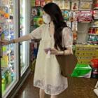 Puff-sleeve A-line Lace Dress Beige - One Size