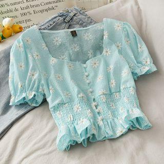 Daisy-print Smocked Crop Blouse Blue - One Size