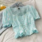 Daisy-print Smocked Crop Blouse Blue - One Size