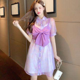 Set: Short-sleeve Sheer Shirtdress + Spaghetti Strap Top + Slipdress