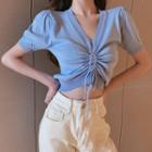 Plain Puff-sleeve Drawstring Knit Cropped Top