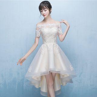 Short-sleeve Off Shoulder High Low Prom Dress