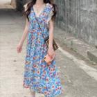 Sleeveless Lace Trim Floral Print Midi Dress