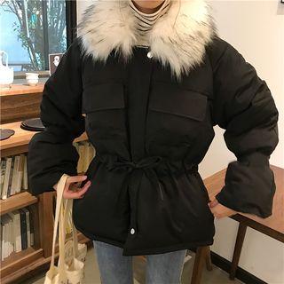 Faux Fur Collar Drawstring Waist Padded Jacket