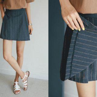 Wrap-front Stripe Linen Blend Skort