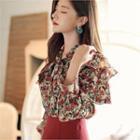 Tall Size Tie-front Frilled Floral Blouse