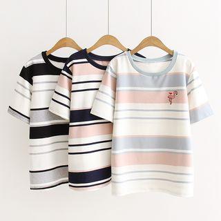Flamingo Embroidered Striped Short Sleeve T-shirt