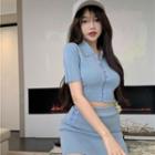 Short-sleeve Collared T-shirt / Mini Pencil Skirt