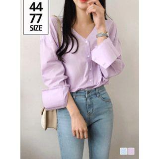 Collarless V-neck Wide-cuff Shirt