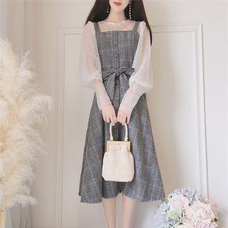 Set: Sheer Blouse + Sleeveless Plaid A-line Midi Dress