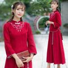 Embroidered 3/4-sleeve Mock Neck Top