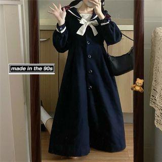 Sailor-collar Bow-accent Woolen Dress