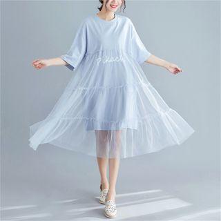 3/4-sleeve Mesh Overlay Midi A-line T-shirt Dress