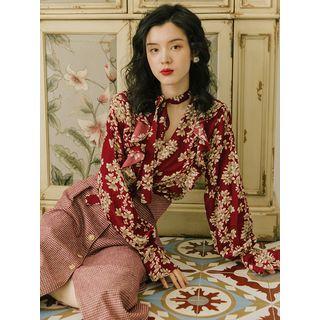 Set: Floral Print Blouse + Plaid A-line Midi Skirt