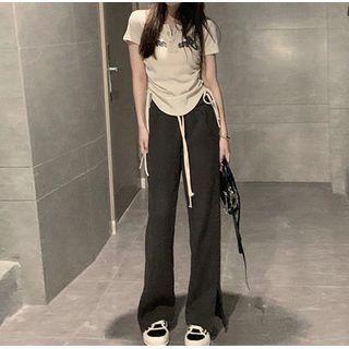 Short-sleeve Lettering Drawstring T-shirt / Bootcut Pant / Set