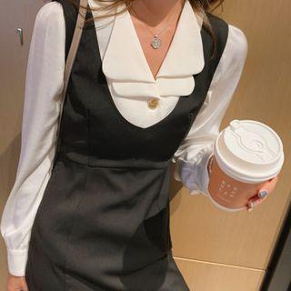 Button-up Blouse / Sleeveless Plain Midi Dress